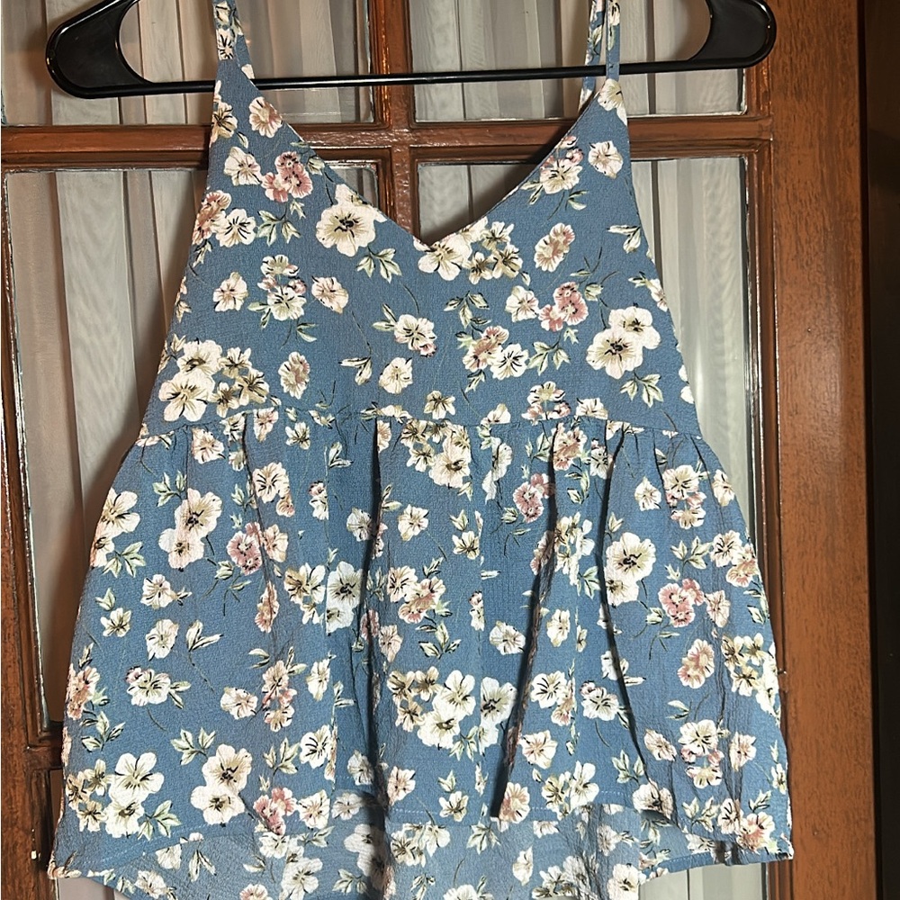 ROMWE Blue Floral V-Neck Tank Top